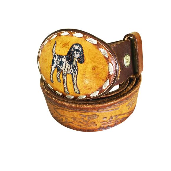 Mens Dog Embroidered Buckle Hunting Scene Tooled Leather Belt Size 38 USA - Picture 2 of 6